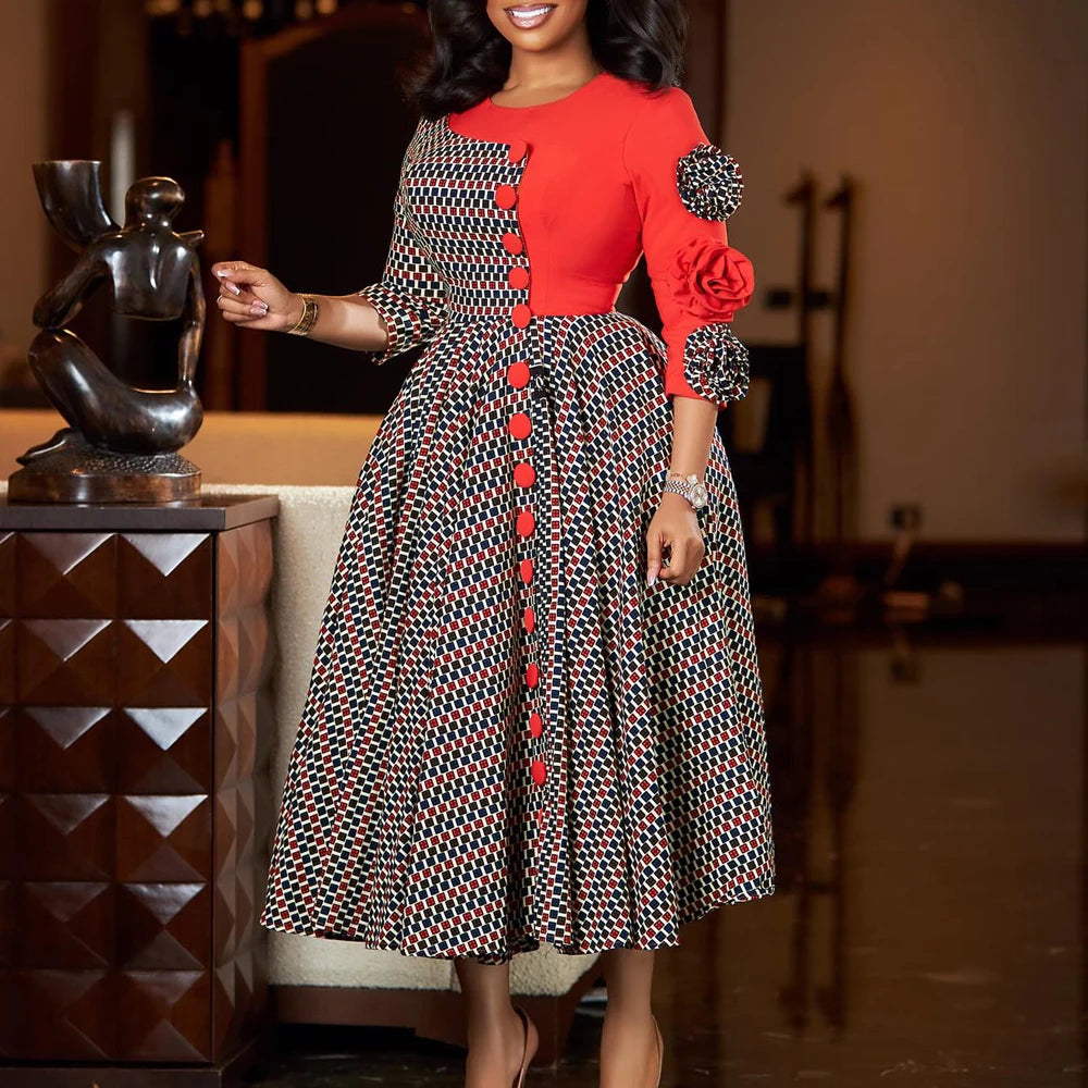Women Elegant Dresses for Fall Fashion African 3/4 Sleeve Party Birthday New  Chic 3D Flower Plaid Evening A-Line Dress