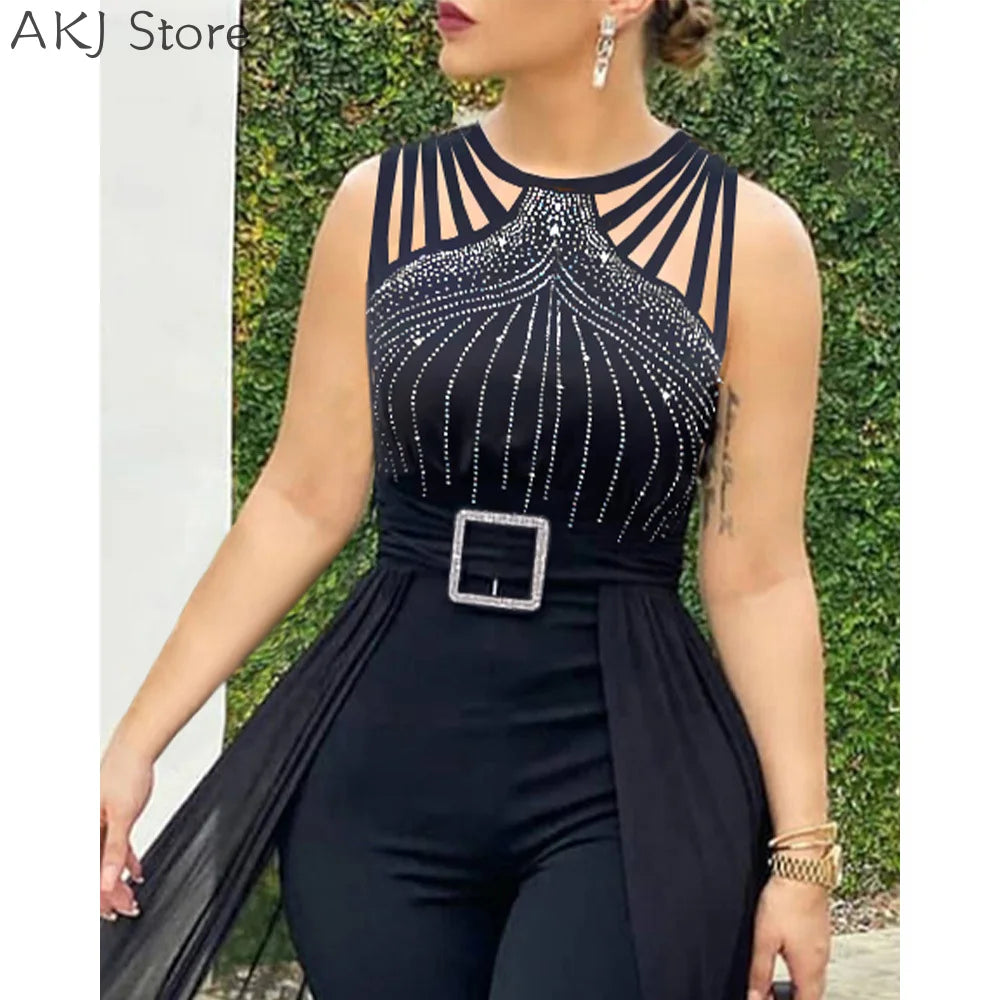 Women's sexy round neck rhinestone sheer mesh sleeveless with belt jumpsuit