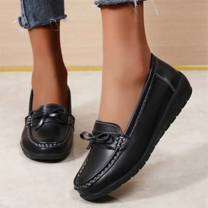 Women Genuine Leather Wedge Fashion Flats Black Designer Shoes Breathable Moccasins Casual Shoes