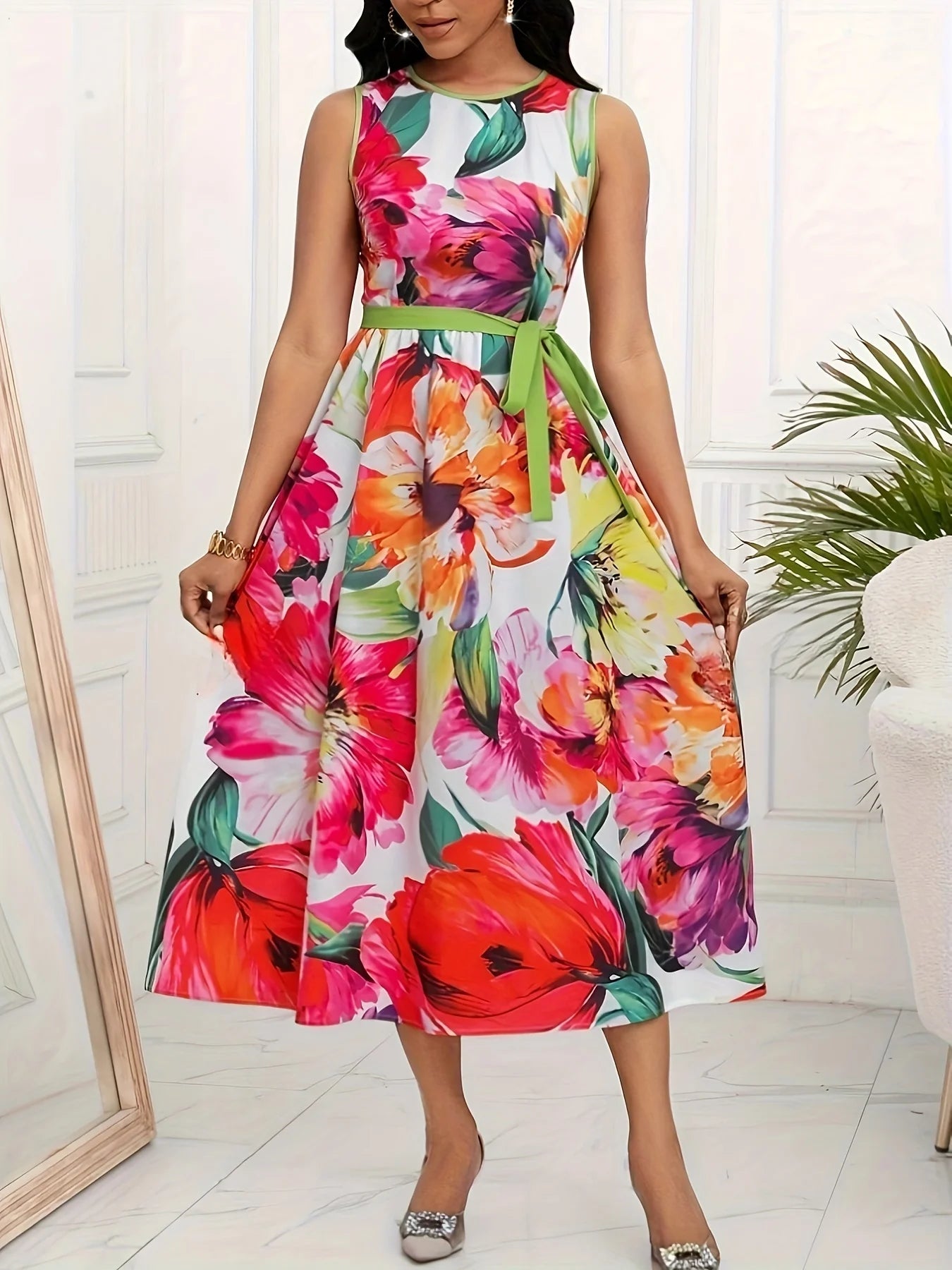 Women Elegant Spring Summer Floral Print Vacation Party O Neck Lace Up Sleeveless Tank Long Dress