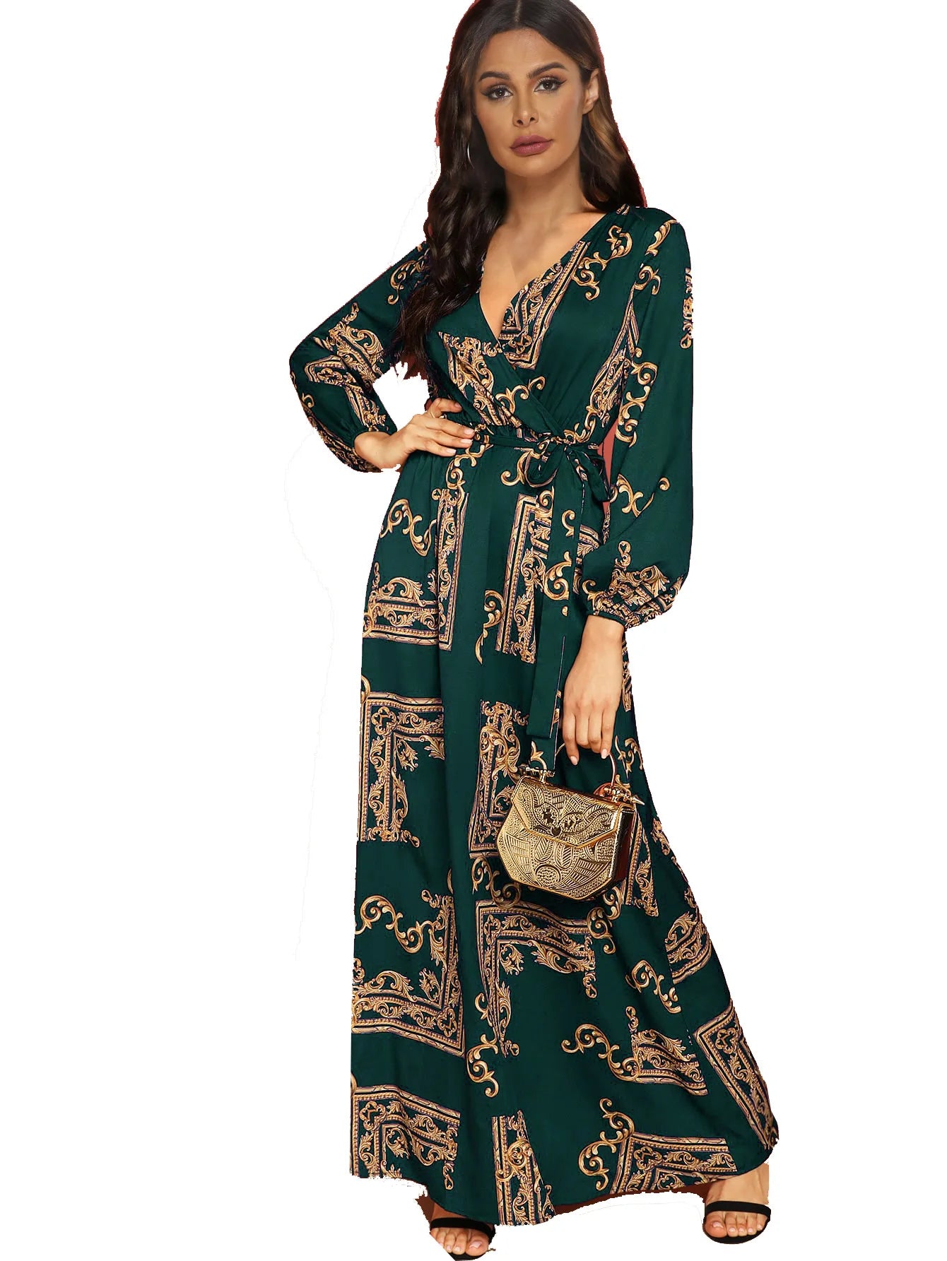 Women Eid Muslim Dresses V Neck Lantern Sleeve Morocco Ramadan Long Robe Print Party Dress