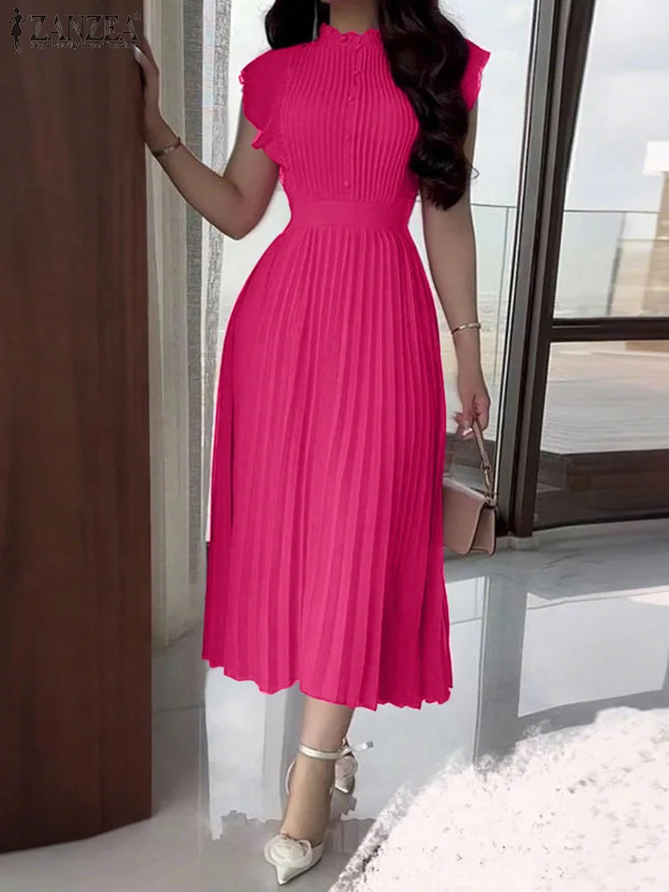 Women ZANZEA  Summer Sleeveless Pleated Vestidos Casual OL Work Sundress Zippers Fashion Solid Turtleneck Robe