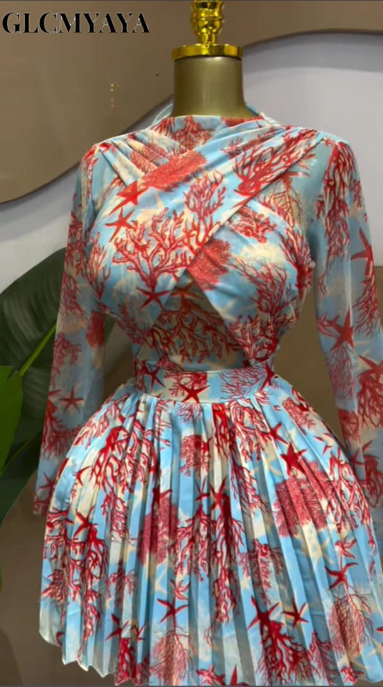 Women GLCMYAYA Leaf Print Long Sleeve O-neck Wrap Front Pleated  Elegant Romantic Vacation Party Birthday Dresses