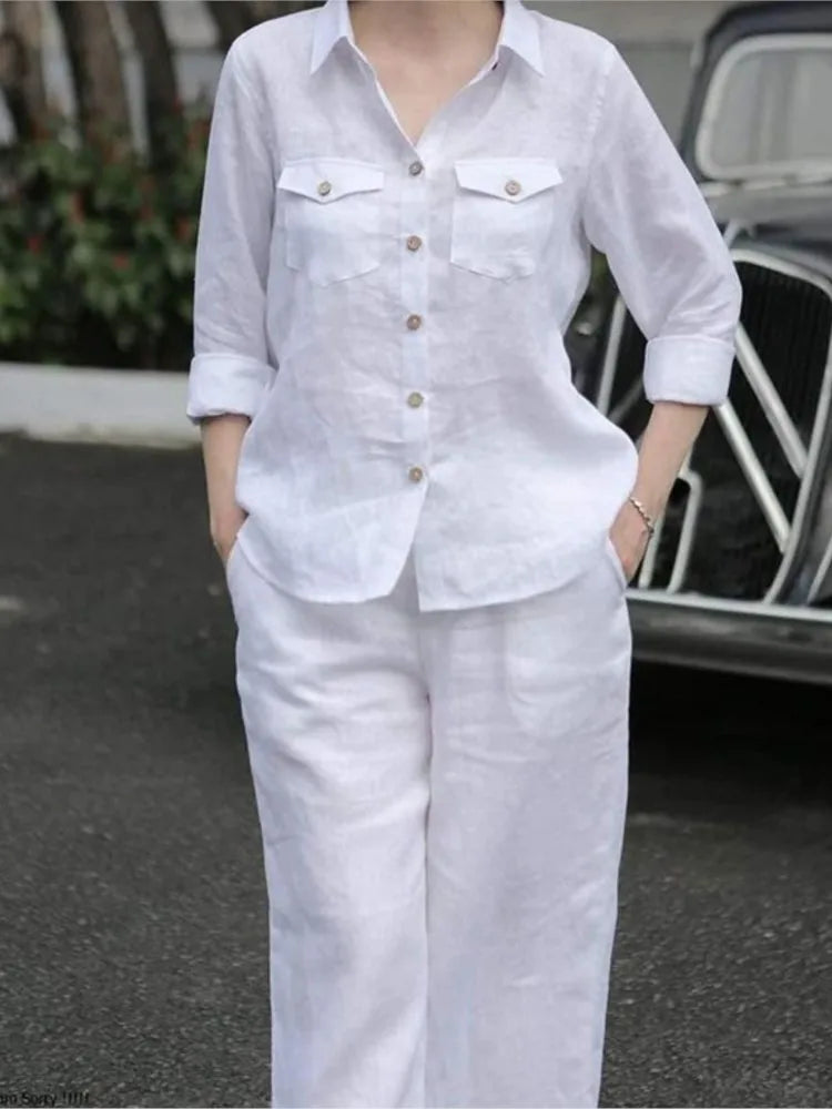 Women Elegant Lapel Neck Long Sleeve Shirt Pants Sets 2PCS Fashion Autumn Outfits Solid Work Trousers Suits Tracksuit
