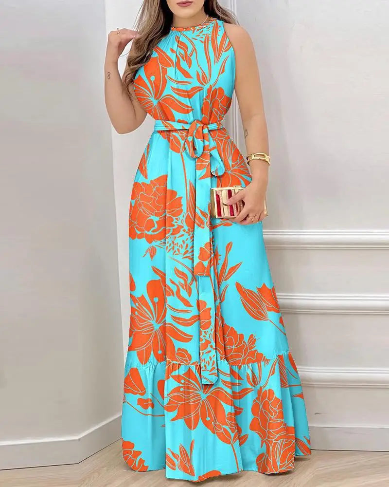 Women Europe and America Cross border Summer New Fashion Print Round Neck Lace up Mid length Dress