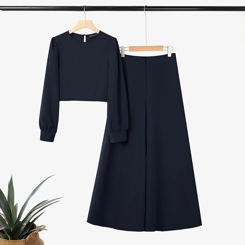 Women elegant Autumn ZANZEA Fashion 2PCS Tracksuits Long Sleeve Blouses Wide Leg Trousers