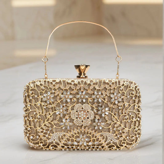 Women Hollow Out Style Rhinestones Golden Metal Banquet  Luxury Metal Rhinestones Evening Bags Flap P