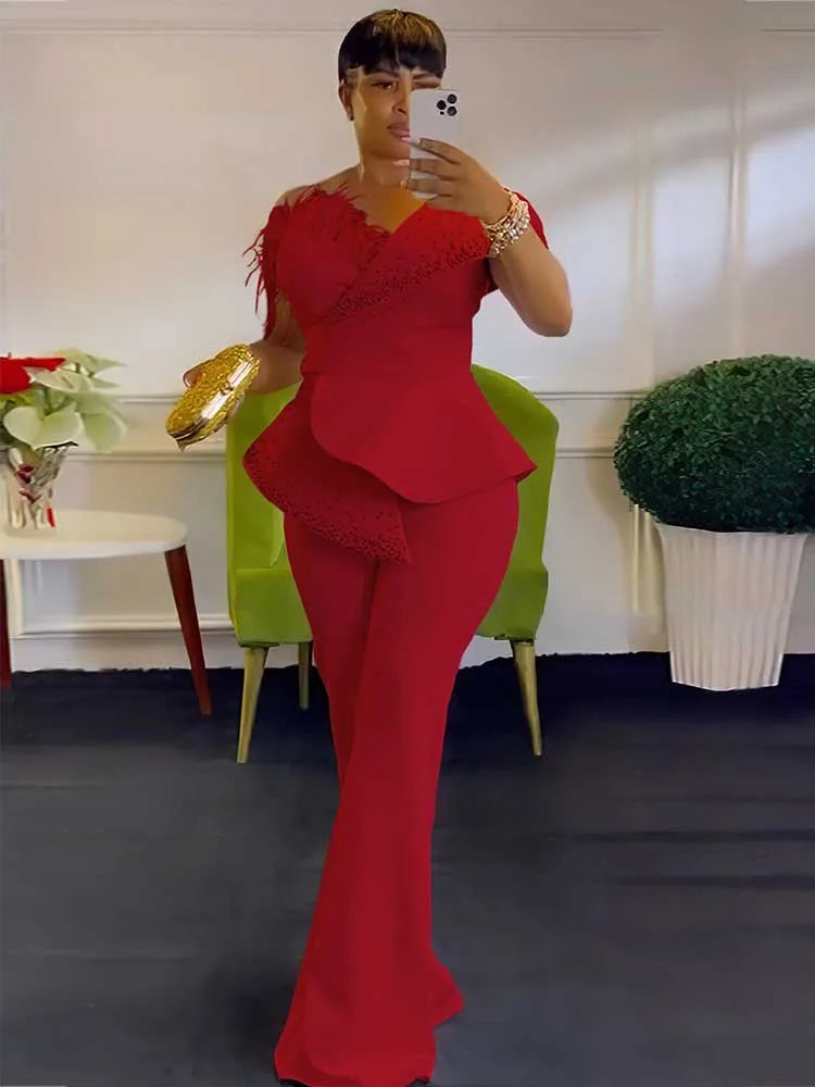 women High Waist Strapless Jumpsuit Rivet Collar Lady Evening and Party  Elegant Sexy Birthday Jumpsuit