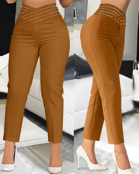 Women Summer Pants for  Loose Fashion Overlap Waist Hollow Out Work Pants Spliced Solid Color Thin Feet Capris Office