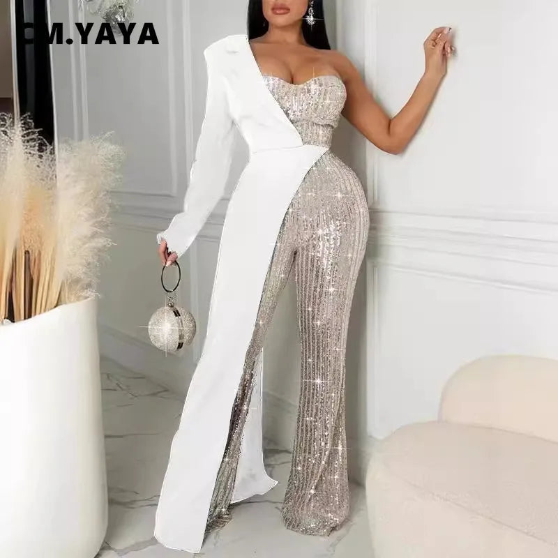Women CM.YAYA  One Long Sleeve Strapless Sequined Blazer Wide Leg Jumpsuits Evening Party One Piece Set Romper Playsuit