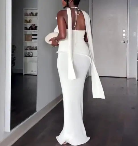 Women Spring New Hanging Neck Solid Color Sexy Backless Elegant Temperament Slim Fit Hip Hugging Long Dress