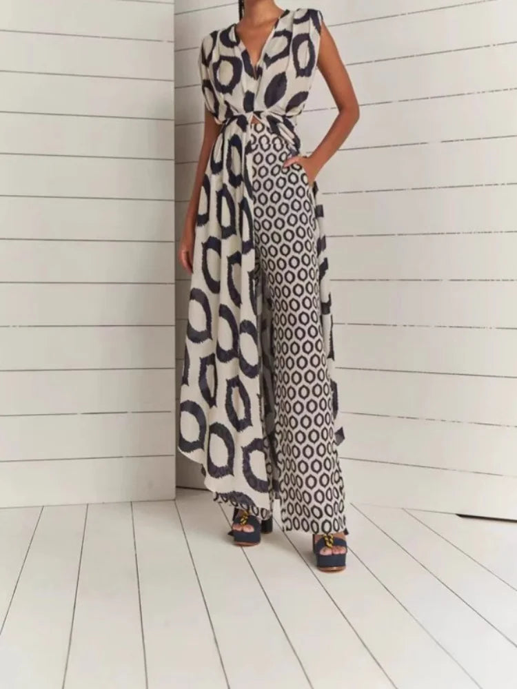 Ladies Two-piece Suit Printed Sleeveless V-Neck Lace-Up Top + Slim-Fit Trousers Set