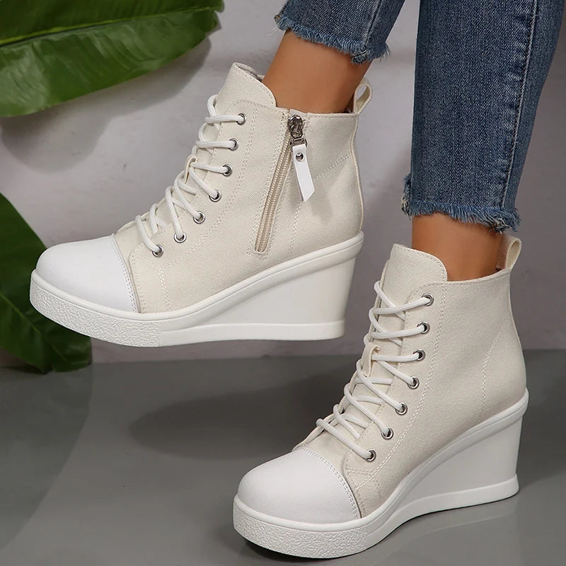 Women Black High Top Canvas Sneakers Shoes Zipper Lace Up Ankle Boots
