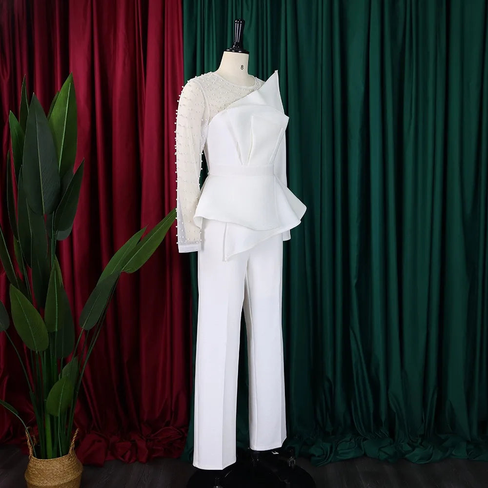 Women Luxury Jumpsuits & Rompers for Round Neck Beaded Transparent Sleeve High Waisted Elegant
