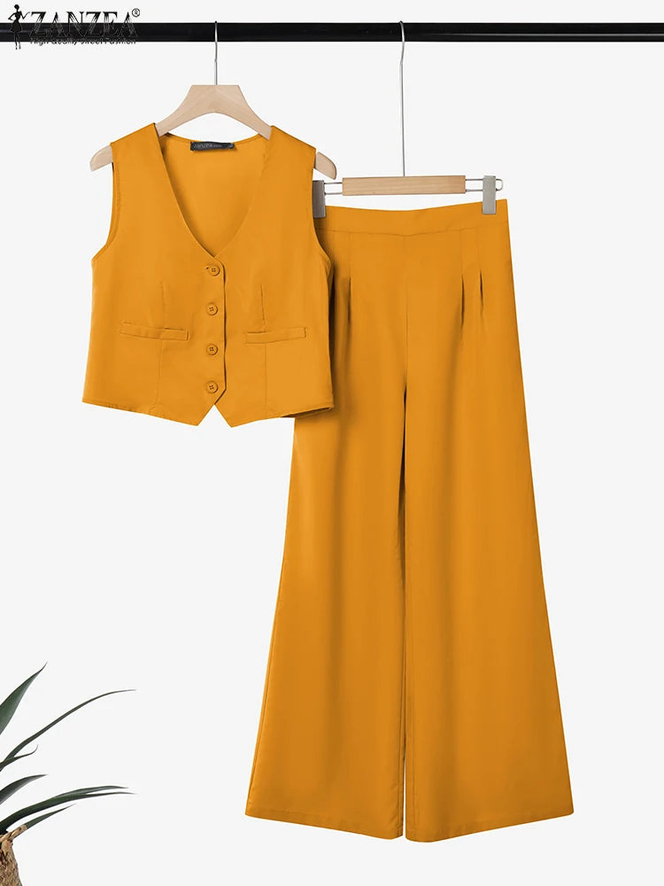 Women ZANZEA Street Fashion  2 Pieces Sets Elegant Vest Tops Wide Leg  Outfit Office Solid Color Pant Sets