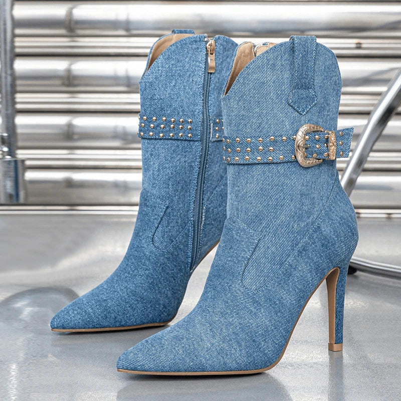 Woman Fashion Liyke Western For Rivet Belt Buckle Ankle Booties Pointed Toe High Heels  Style Cowboy Boots