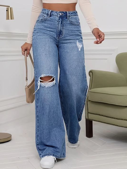 Women non stretch denim trousers straight loose wide leg suitable for wearing outside