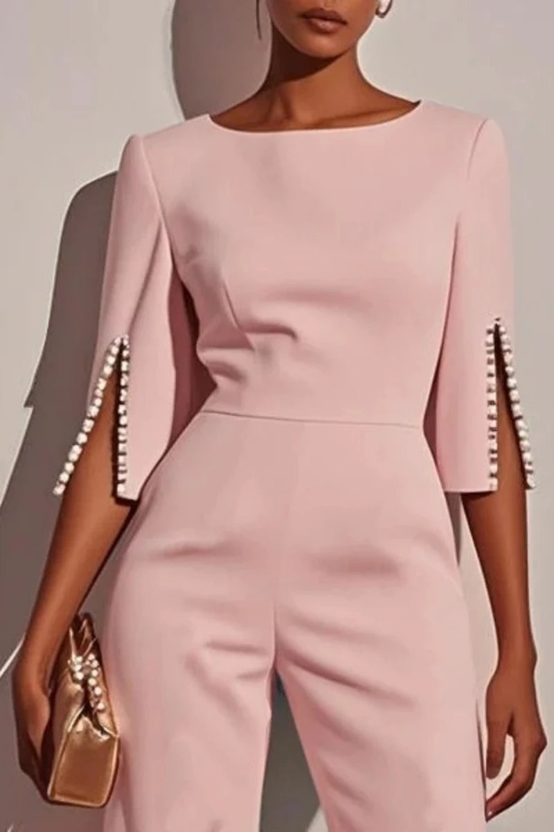 Women's jumpsuit casual solid color length sleeve straight round neck beaded high waist daily going out