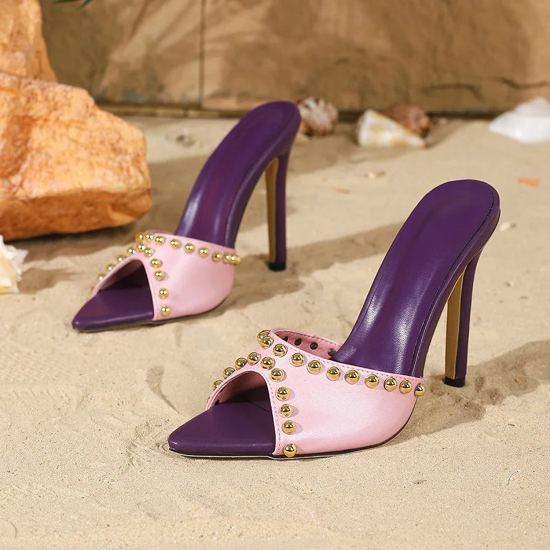 Women  Fashion Metal Decoration Pointed Toe Slippers Street Style Thin High Heels Stripper Banquet Summer Shoes