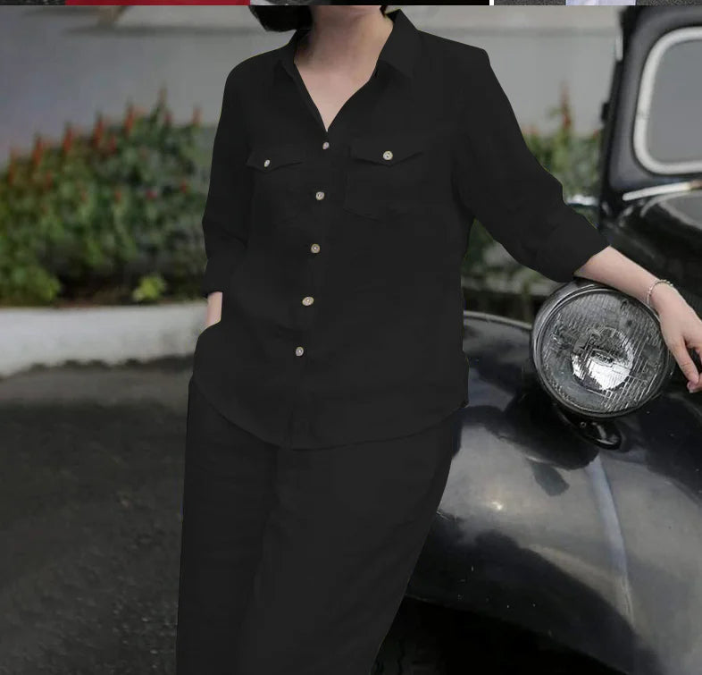 Women Elegant Lapel Neck Long Sleeve Shirt Pants Sets 2PCS Fashion Autumn Outfits Solid Work Trousers Suits Tracksuit