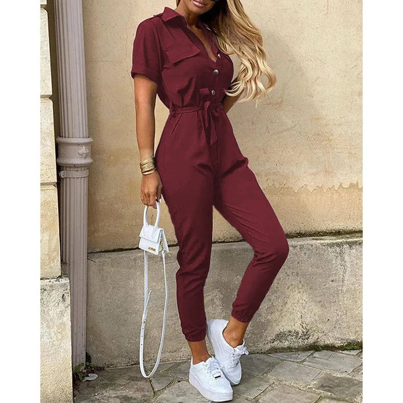 New Women jumpsuit casual workwear summer romper with print button up lapel waist belt slim fit onepiece