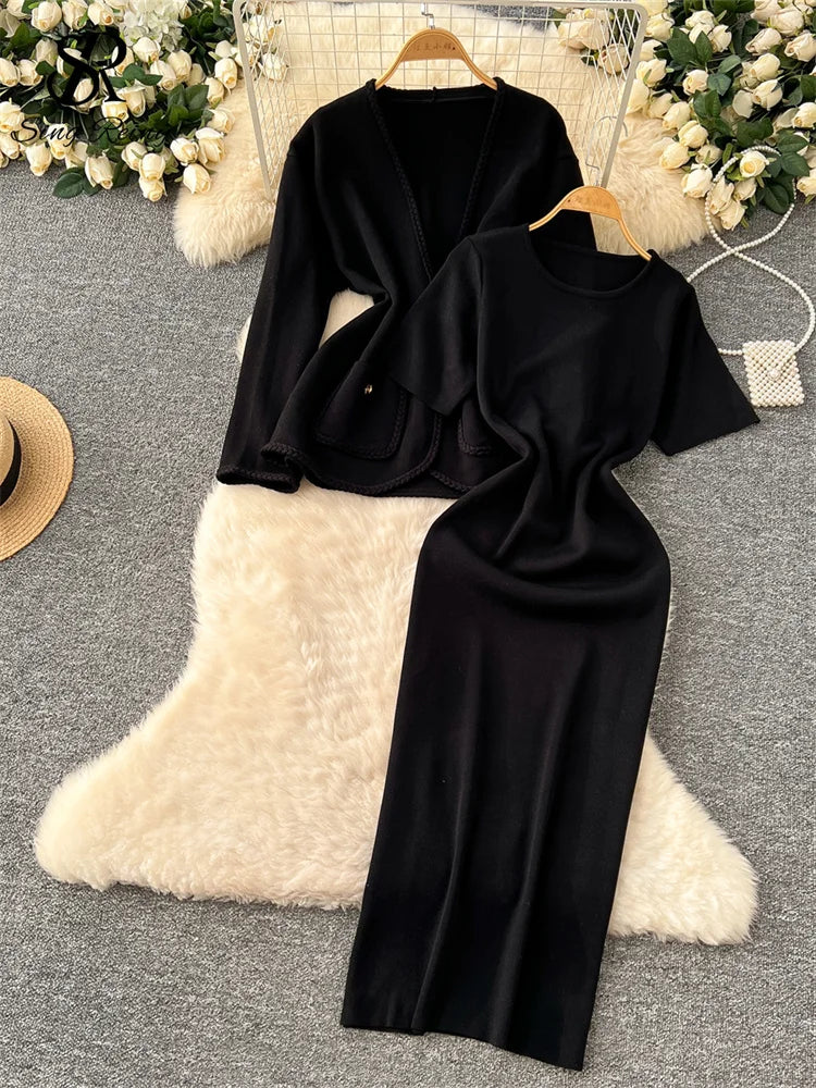 SINGREINY Office Ladies Autumn Knit Suits Long Sleeves Lace Up Cardigan Neck High Elastic Slim Fit Dress Senior Solid Sets