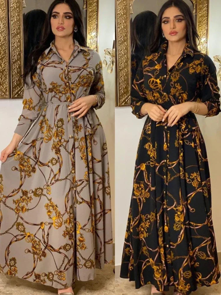 Women Muslim Abaya Ramadan Print Shirt Autumn  Islamic Vestidos Elegant India Moroccan Kaftan dress