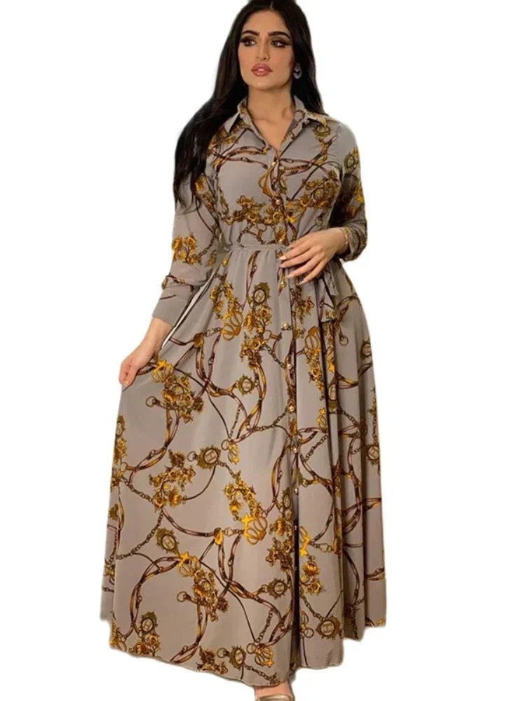 Women Muslim Abaya Ramadan Print Shirt Autumn  Islamic Vestidos Elegant India Moroccan Kaftan dress