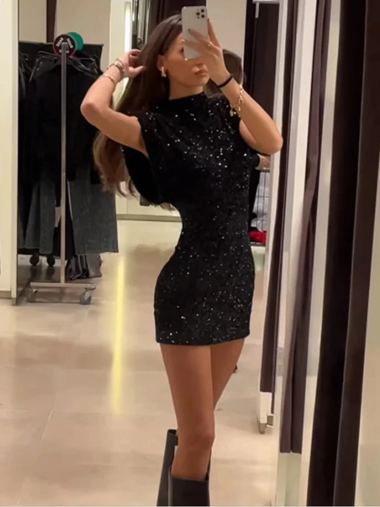 Women Fashion Sequin Mini Dress Elegant O-Neck Fly Sleeve Shiny Short Dress