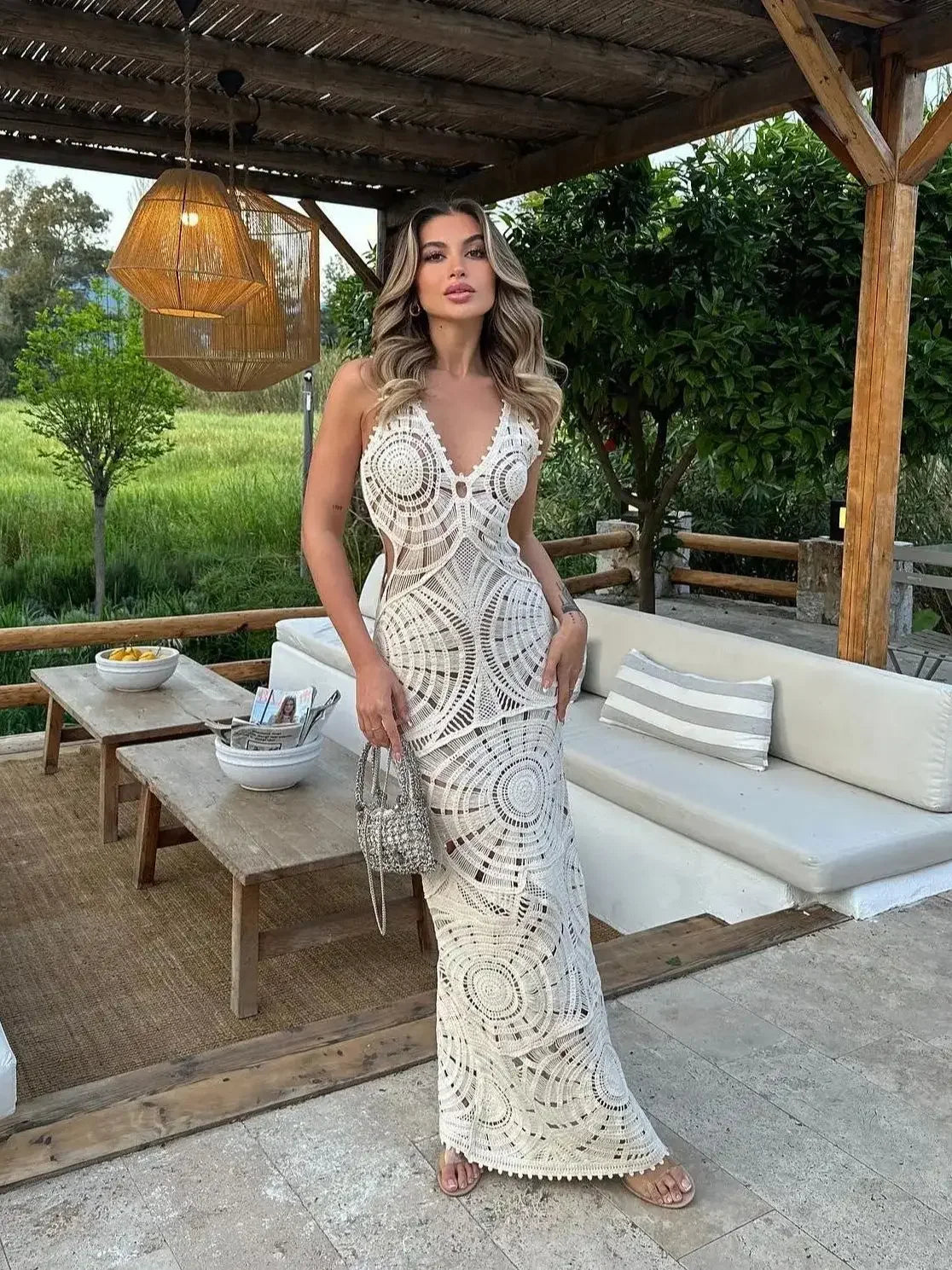 Ladies Solid V-neck Slip Knit Maxi Dress Sexy Cover Up Bikini Swimsuit Cover-up Beach Bathing Suit Beach Wear Knitting Swimwear