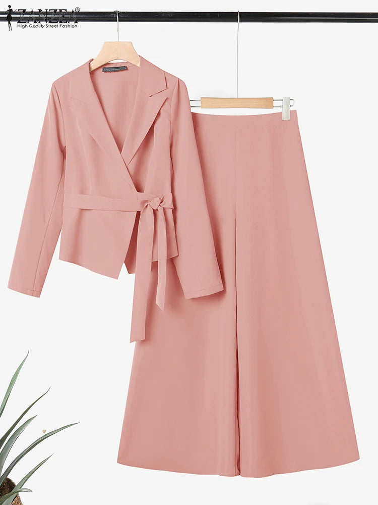 Ladies ZANZEA Elegant 2 Pieces Pant Sets Long Sleeve Belted Lightweight Blazer & Wide Leg Suits Office Lady Commuting Sets