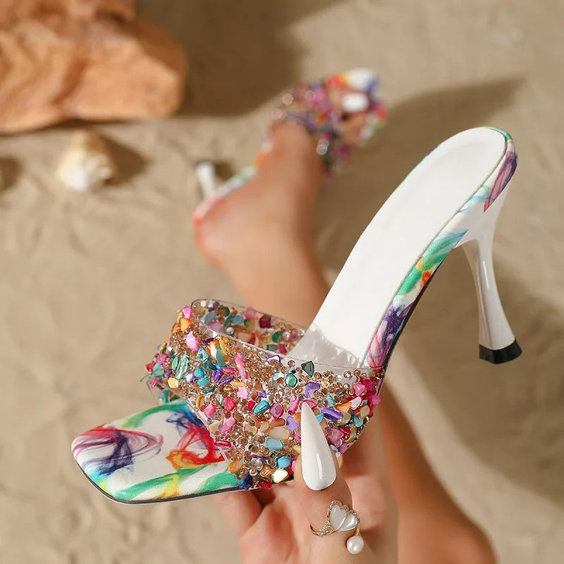 Women Summer Open Toe Colored Rhinestones Slippers  PVC Transparent Sexy Thin Heels Stripper Slides Shoes