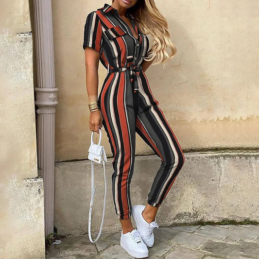 New Women jumpsuit casual workwear summer romper with print button up lapel waist belt slim fit onepiece