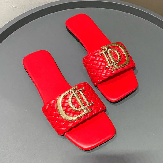 Women Slippers Party Sexy Elegant Slippers  Luxury Decor Weave Designer Flat Sandals Fashion Open-toe Vacation Slides
