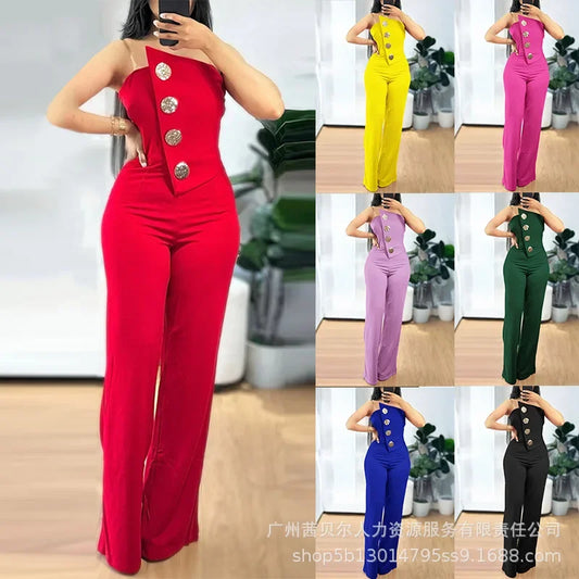 Ladies New Strapless Irregular Hem Jumpsuit Wide Leg Pants