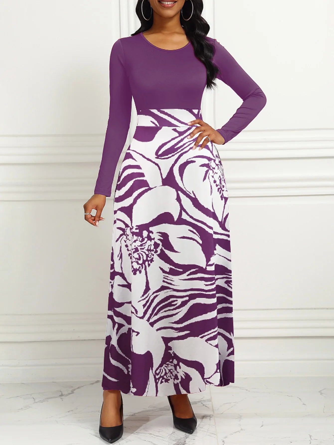 Women Long Sleeve Round Neck Printed Hem Long Purple Elegant Style dress