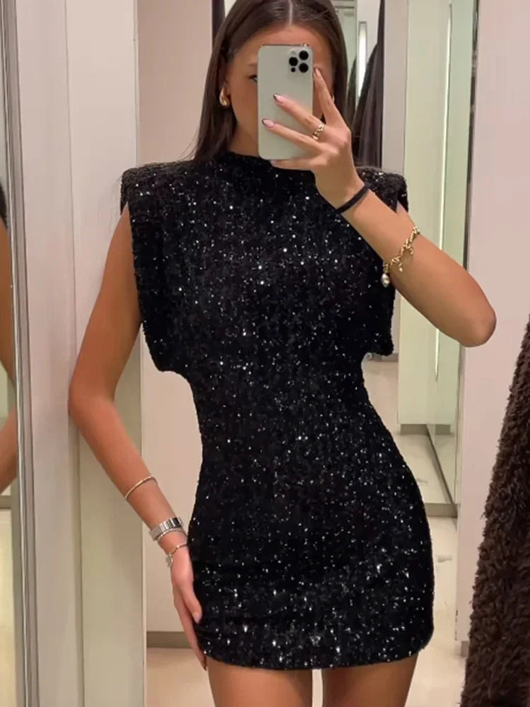 Women Fashion Sequin Mini Dress Elegant O-Neck Fly Sleeve Shiny Short Dress