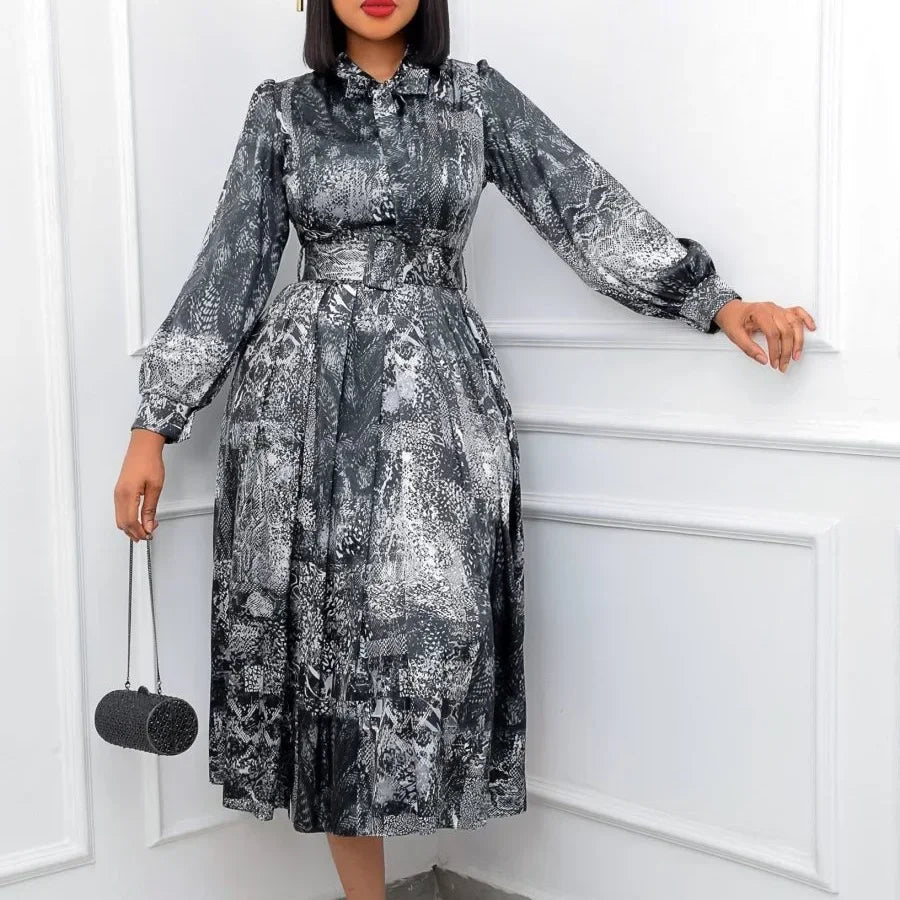 Women Elegant Vintage Dresses for  Bow Collar Full Sleeve Belt Waisted A Line Mid Calf Birthday Party Dinner Vestidos Mujer Dress